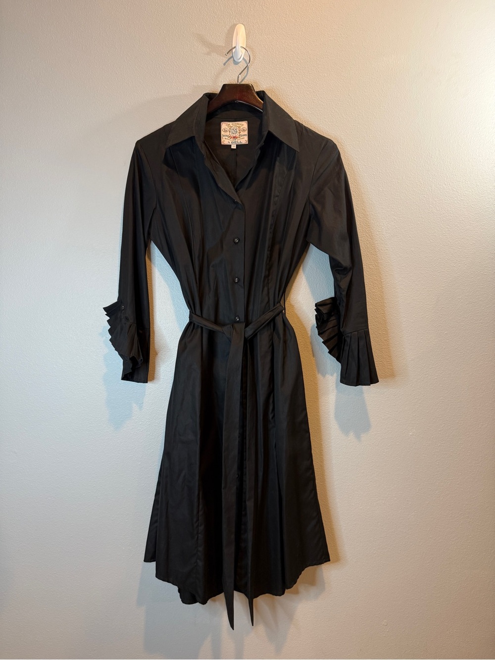 Fine Garments by Bell Black Cotton Shirt Dress Pleated Ruffle Cuff Size 10